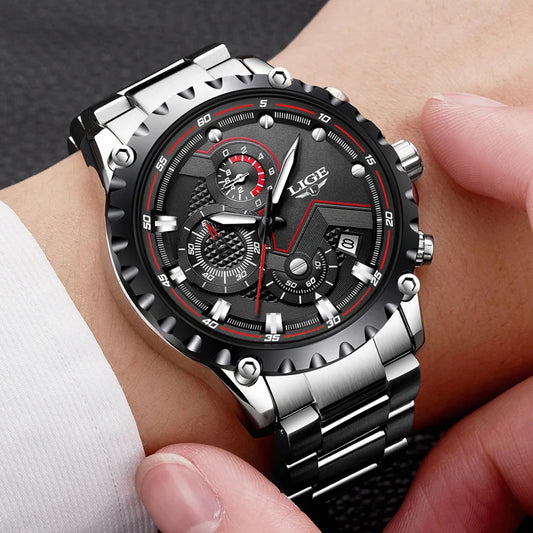 Relógio de homem LIGE – Relógio de quartzo moderno, marca de luxo, totalmente em aço, estilo profissional, resistente à água e desportivo – Entregue com caixa