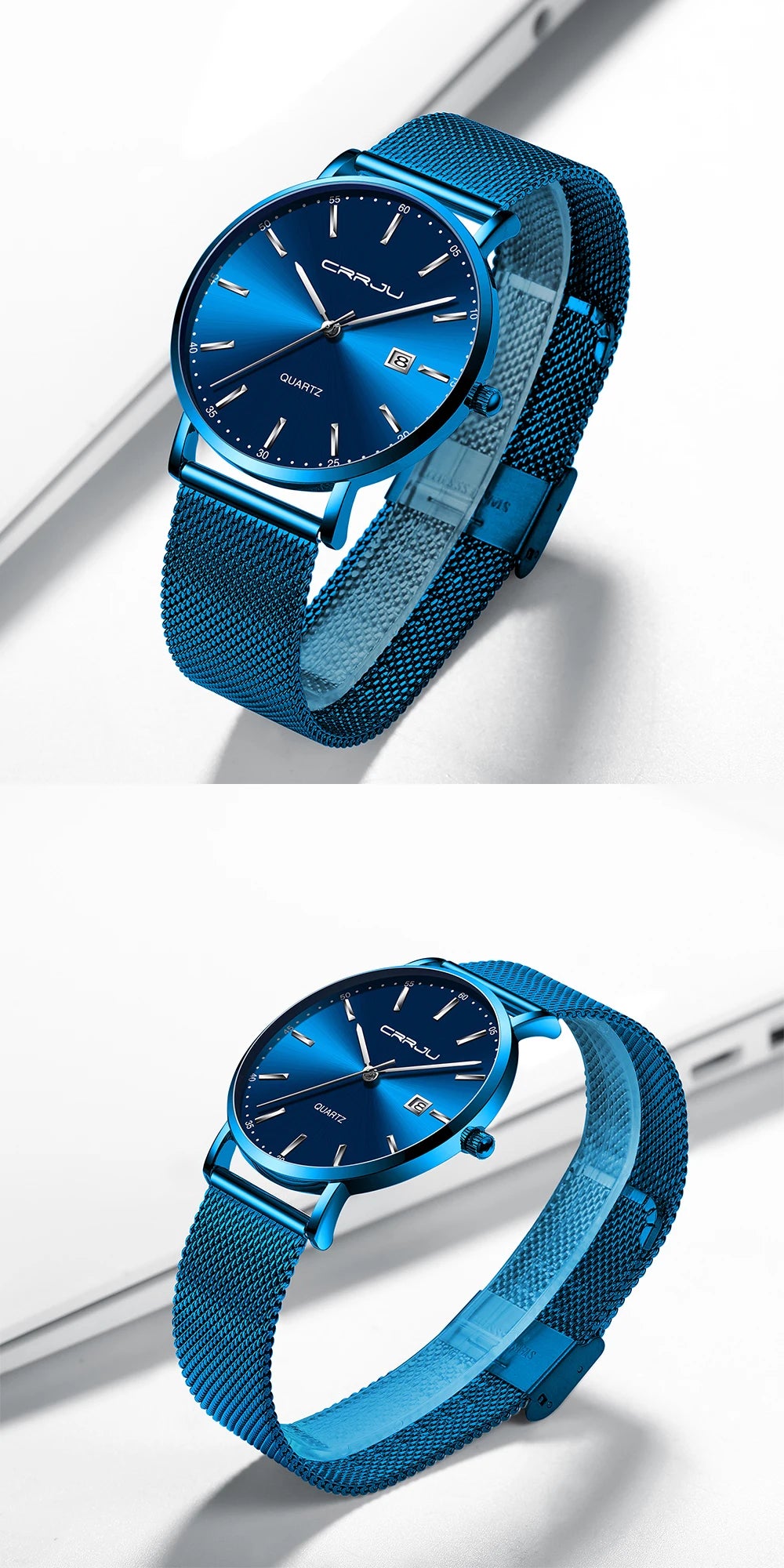 reloj hombre CRRJU Luxe blauwe waterdichte horloges Slank, stijlvol, met datum, casual kwartshorloge voor heren, sportief, met gaasband