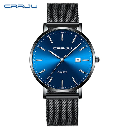 reloj hombre CRRJU Luxe blauwe waterdichte horloges Slank, stijlvol, met datum, casual kwartshorloge voor heren, sportief, met gaasband