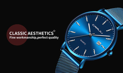 reloj hombre CRRJU Luxe blauwe waterdichte horloges Slank, stijlvol, met datum, casual kwartshorloge voor heren, sportief, met gaasband