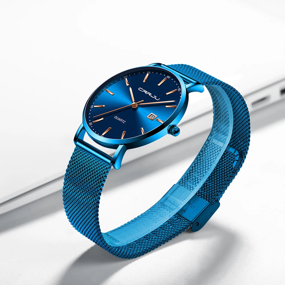 reloj hombre CRRJU Luxe blauwe waterdichte horloges Slank, stijlvol, met datum, casual kwartshorloge voor heren, sportief, met gaasband