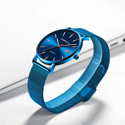 reloj hombre CRRJU Luxe blauwe waterdichte horloges Slank, stijlvol, met datum, casual kwartshorloge voor heren, sportief, met gaasband