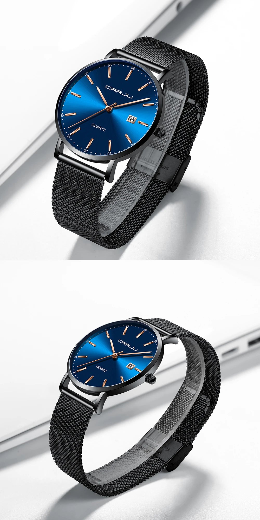 reloj hombre CRRJU Luxe blauwe waterdichte horloges Slank, stijlvol, met datum, casual kwartshorloge voor heren, sportief, met gaasband