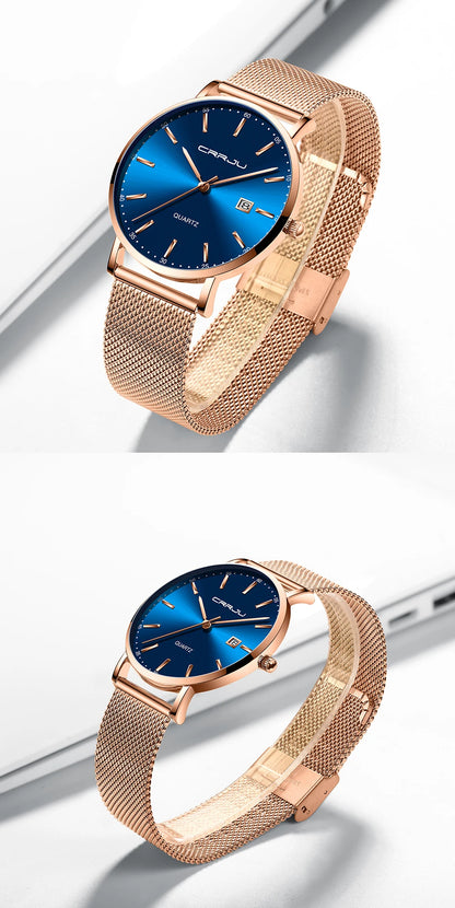 reloj hombre CRRJU Luxe blauwe waterdichte horloges Slank, stijlvol, met datum, casual kwartshorloge voor heren, sportief, met gaasband