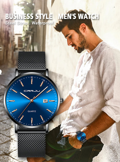 reloj hombre CRRJU Luxe blauwe waterdichte horloges Slank, stijlvol, met datum, casual kwartshorloge voor heren, sportief, met gaasband