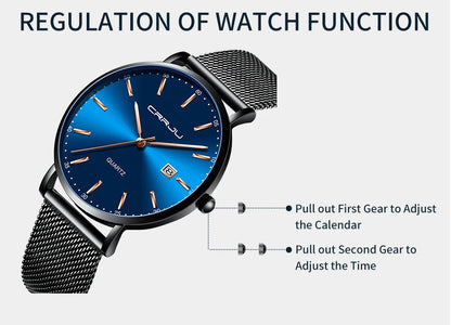 reloj hombre CRRJU Luxe blauwe waterdichte horloges Slank, stijlvol, met datum, casual kwartshorloge voor heren, sportief, met gaasband