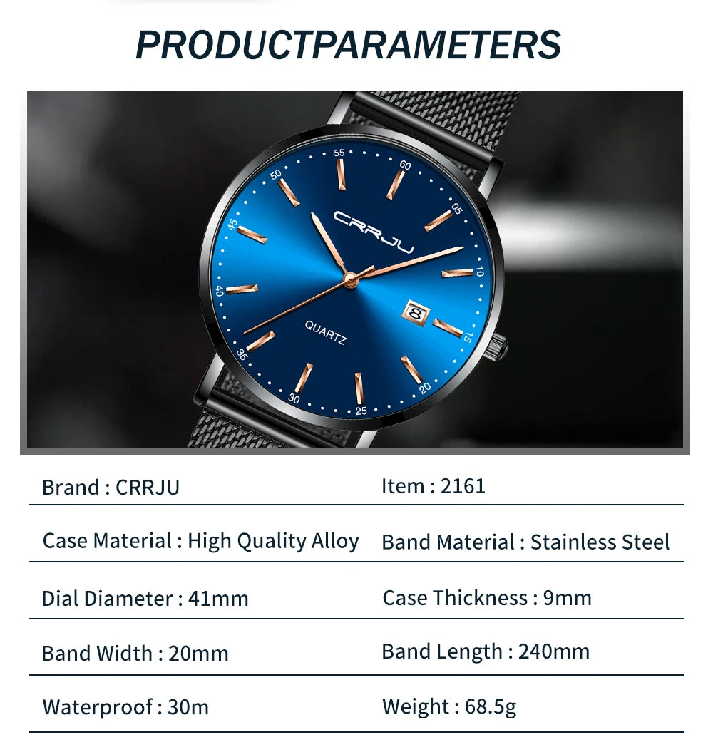 reloj hombre CRRJU Luxe blauwe waterdichte horloges Slank, stijlvol, met datum, casual kwartshorloge voor heren, sportief, met gaasband