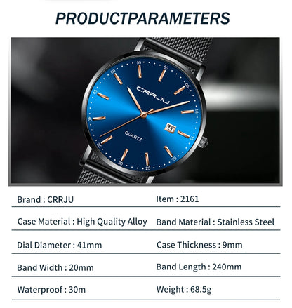 reloj hombre CRRJU Luxe blauwe waterdichte horloges Slank, stijlvol, met datum, casual kwartshorloge voor heren, sportief, met gaasband