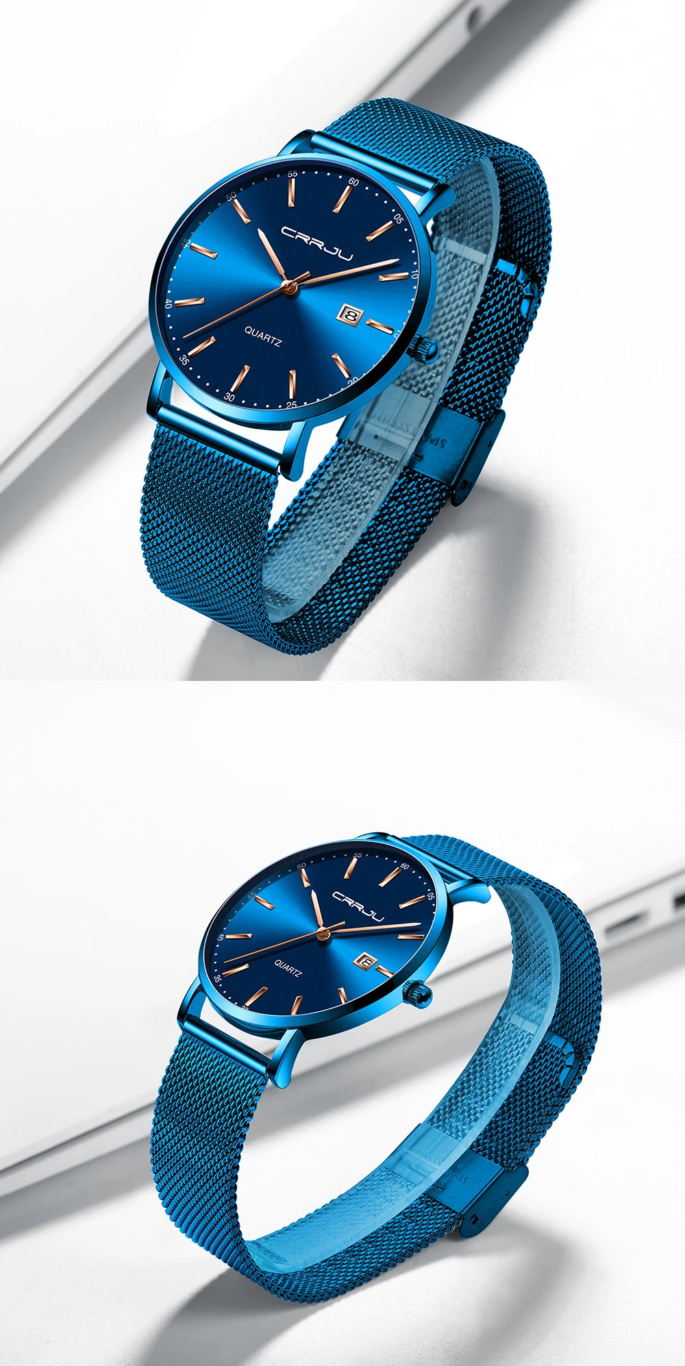 reloj hombre CRRJU Luxe blauwe waterdichte horloges Slank, stijlvol, met datum, casual kwartshorloge voor heren, sportief, met gaasband