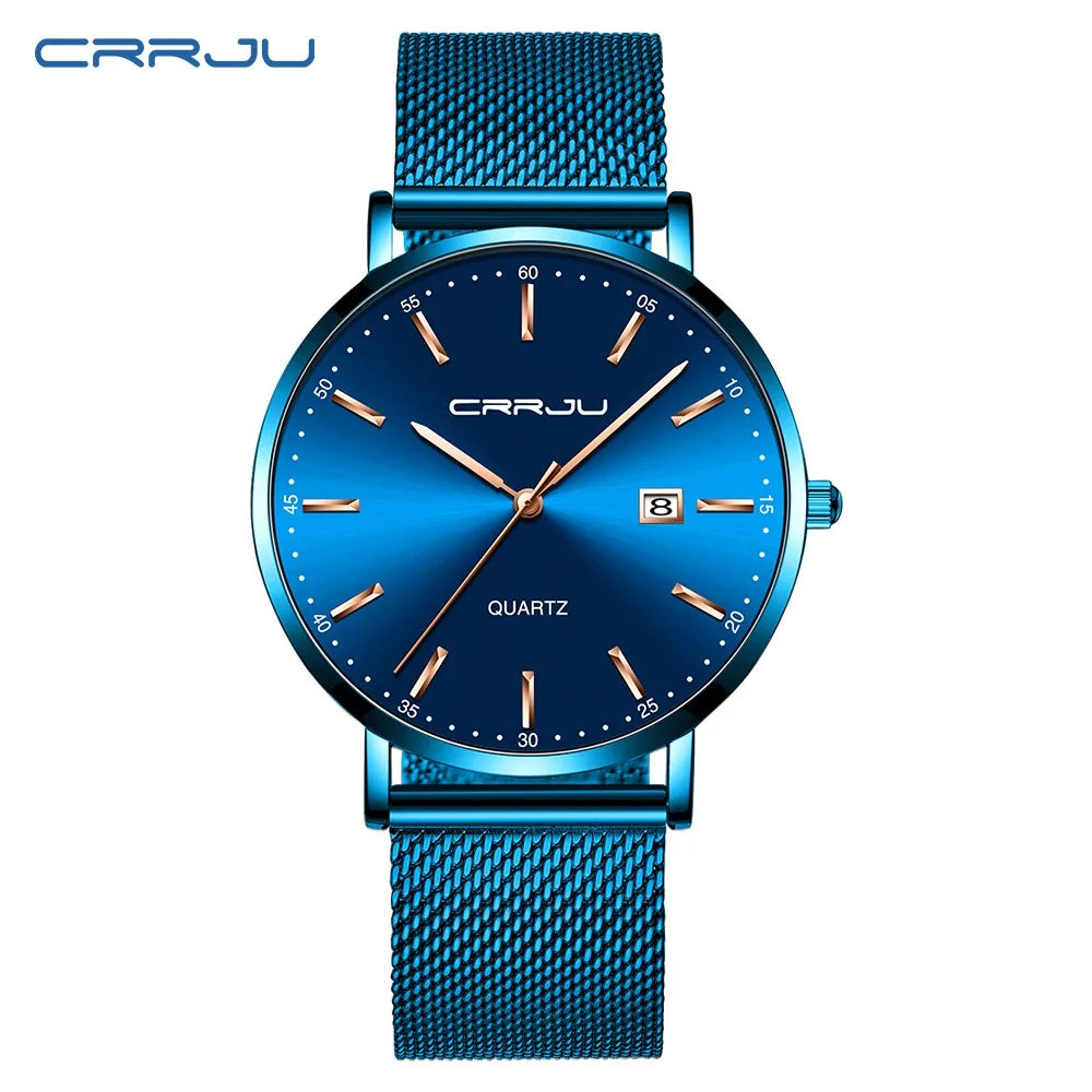 reloj hombre CRRJU Luxe blauwe waterdichte horloges Slank, stijlvol, met datum, casual kwartshorloge voor heren, sportief, met gaasband