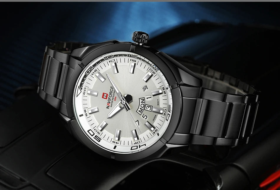 Ceas pentru bărbați NAVIFORCE, realizat integral din oțel, rezistent la apă, stil casual, mecanism cu cuarț și afișaj al datei – Ceas de mână de lux pentru bărbați, de la o marcă de renume.