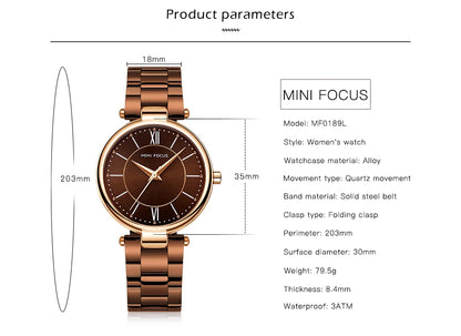 MINI FOCUS Stainless Steel Strap Watches for Women Waterproof Luxury Dress Quartz Wrist Watch Woman Lady Coffee Brown MF0189L