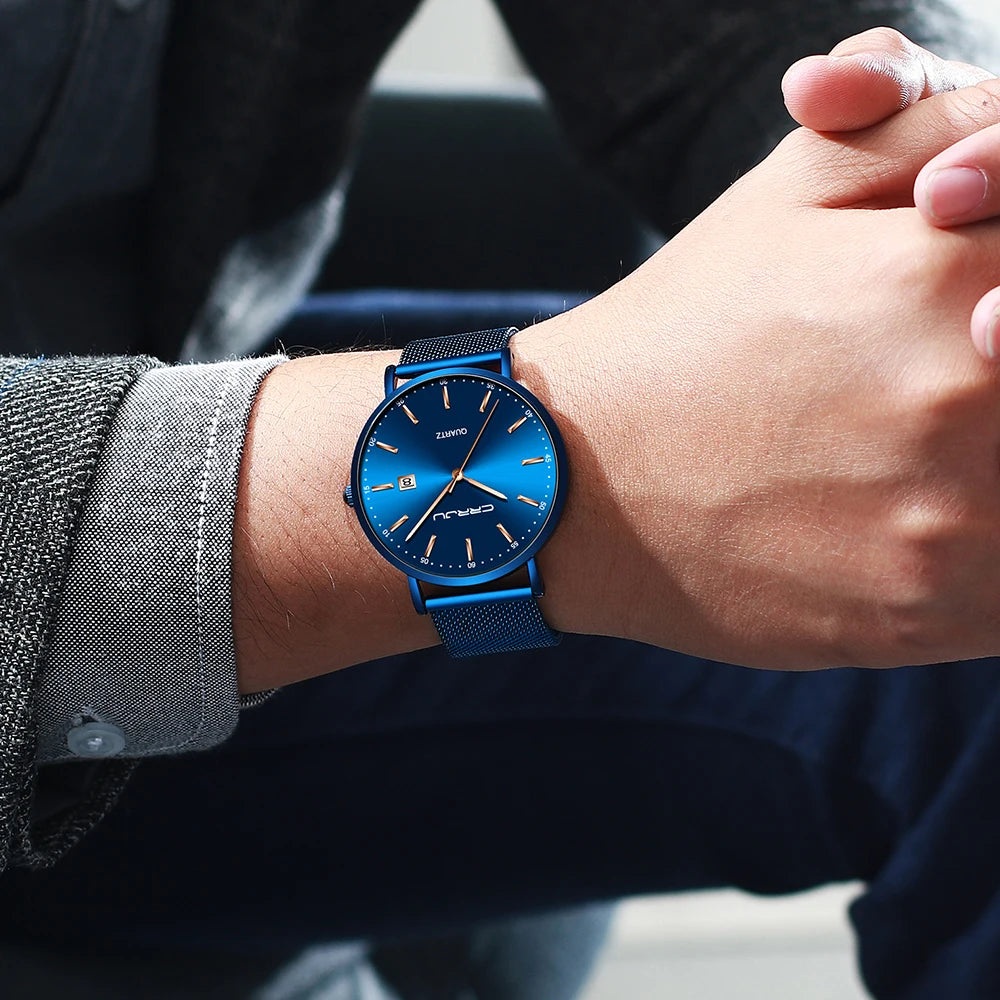 reloj hombre CRRJU Luxe blauwe waterdichte horloges Slank, stijlvol, met datum, casual kwartshorloge voor heren, sportief, met gaasband