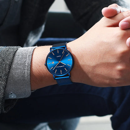 reloj hombre CRRJU Luxe blauwe waterdichte horloges Slank, stijlvol, met datum, casual kwartshorloge voor heren, sportief, met gaasband