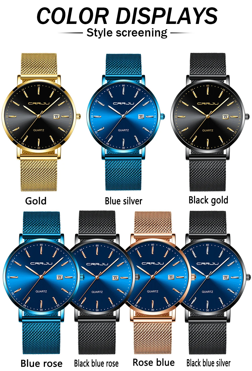 reloj hombre CRRJU Luxe blauwe waterdichte horloges Slank, stijlvol, met datum, casual kwartshorloge voor heren, sportief, met gaasband
