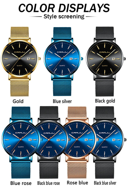 reloj hombre CRRJU Luxe blauwe waterdichte horloges Slank, stijlvol, met datum, casual kwartshorloge voor heren, sportief, met gaasband