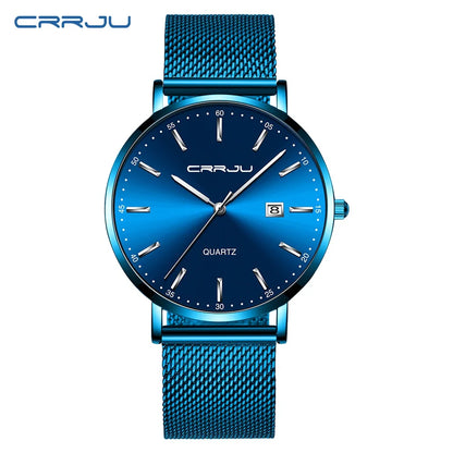 reloj hombre CRRJU Luxe blauwe waterdichte horloges Slank, stijlvol, met datum, casual kwartshorloge voor heren, sportief, met gaasband
