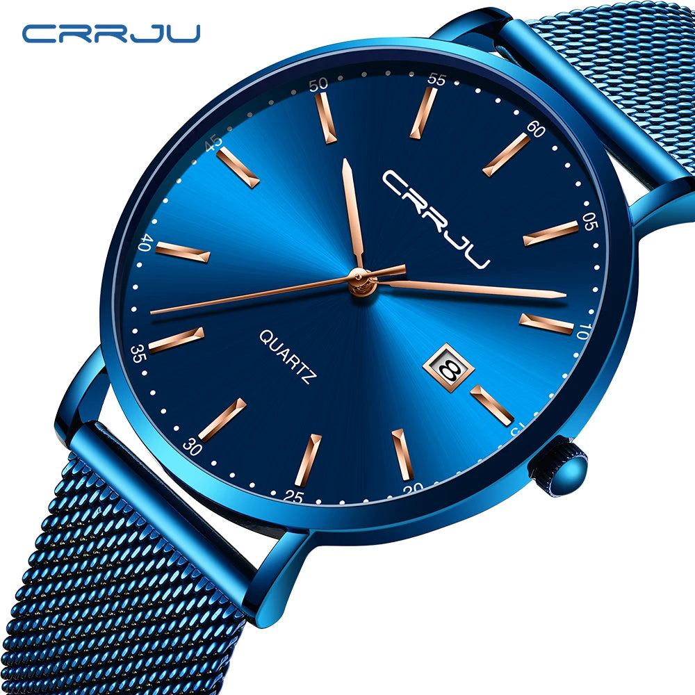 reloj hombre CRRJU Luxe blauwe waterdichte horloges Slank, stijlvol, met datum, casual kwartshorloge voor heren, sportief, met gaasband