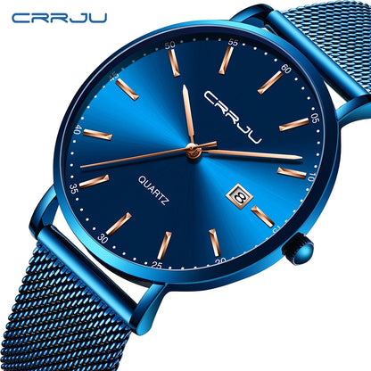 reloj hombre CRRJU Luxe blauwe waterdichte horloges Slank, stijlvol, met datum, casual kwartshorloge voor heren, sportief, met gaasband