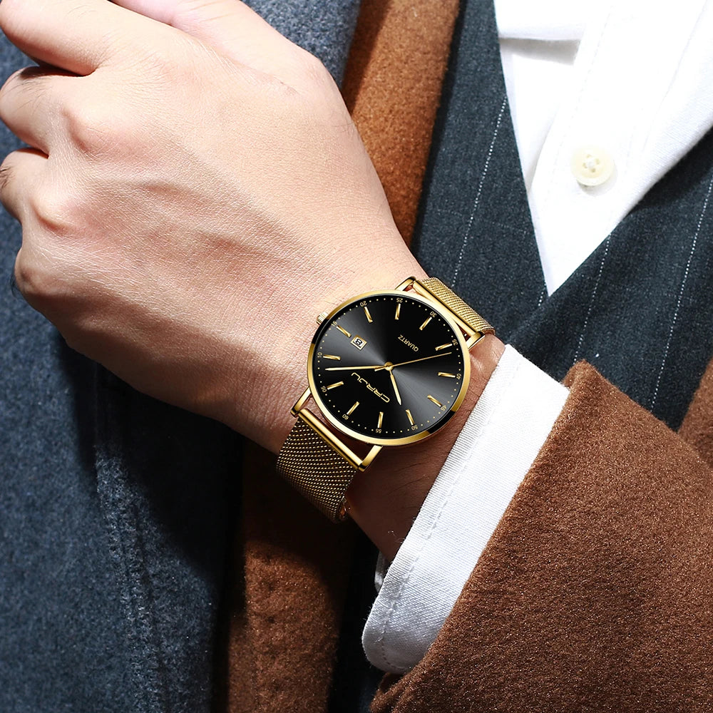reloj hombre CRRJU Luxe blauwe waterdichte horloges Slank, stijlvol, met datum, casual kwartshorloge voor heren, sportief, met gaasband