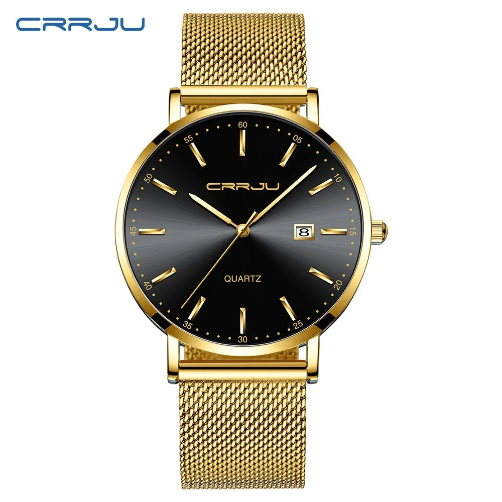 reloj hombre CRRJU Luxe blauwe waterdichte horloges Slank, stijlvol, met datum, casual kwartshorloge voor heren, sportief, met gaasband