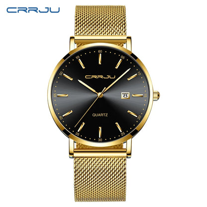 reloj hombre CRRJU Luxe blauwe waterdichte horloges Slank, stijlvol, met datum, casual kwartshorloge voor heren, sportief, met gaasband