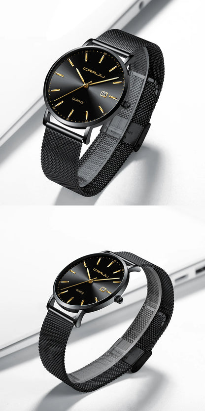 reloj hombre CRRJU Luxe blauwe waterdichte horloges Slank, stijlvol, met datum, casual kwartshorloge voor heren, sportief, met gaasband