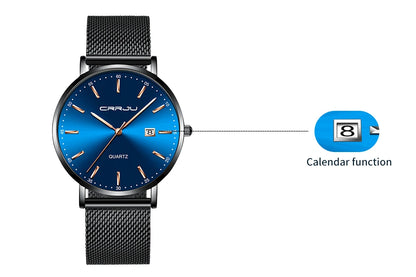 reloj hombre CRRJU Luxe blauwe waterdichte horloges Slank, stijlvol, met datum, casual kwartshorloge voor heren, sportief, met gaasband