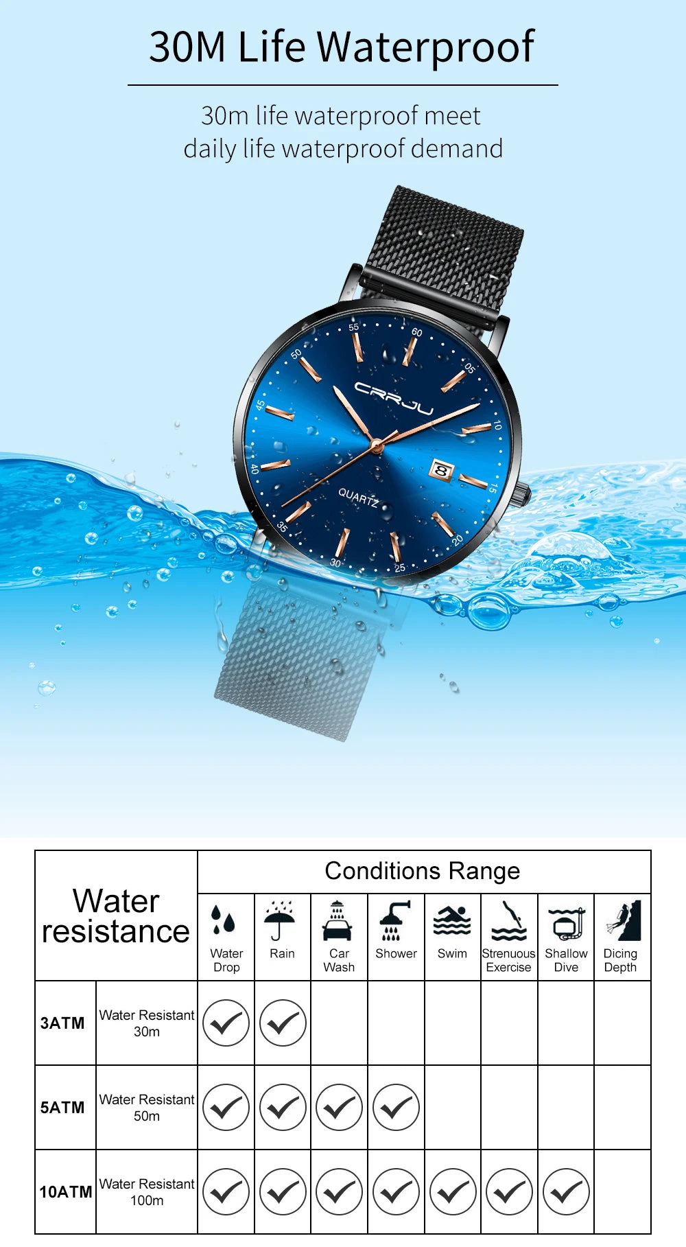 reloj hombre CRRJU Luxe blauwe waterdichte horloges Slank, stijlvol, met datum, casual kwartshorloge voor heren, sportief, met gaasband