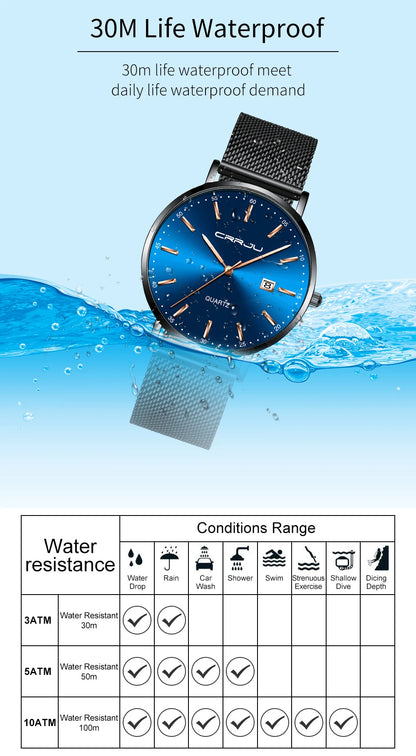 reloj hombre CRRJU Luxe blauwe waterdichte horloges Slank, stijlvol, met datum, casual kwartshorloge voor heren, sportief, met gaasband