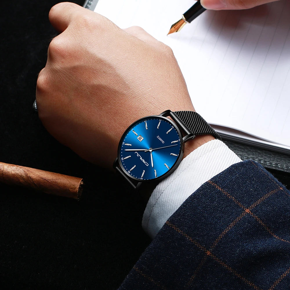 reloj hombre CRRJU Luxe blauwe waterdichte horloges Slank, stijlvol, met datum, casual kwartshorloge voor heren, sportief, met gaasband