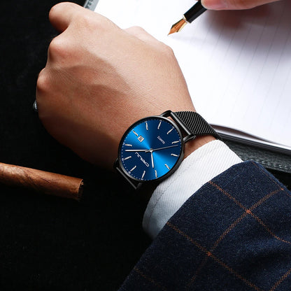 reloj hombre CRRJU Luxe blauwe waterdichte horloges Slank, stijlvol, met datum, casual kwartshorloge voor heren, sportief, met gaasband