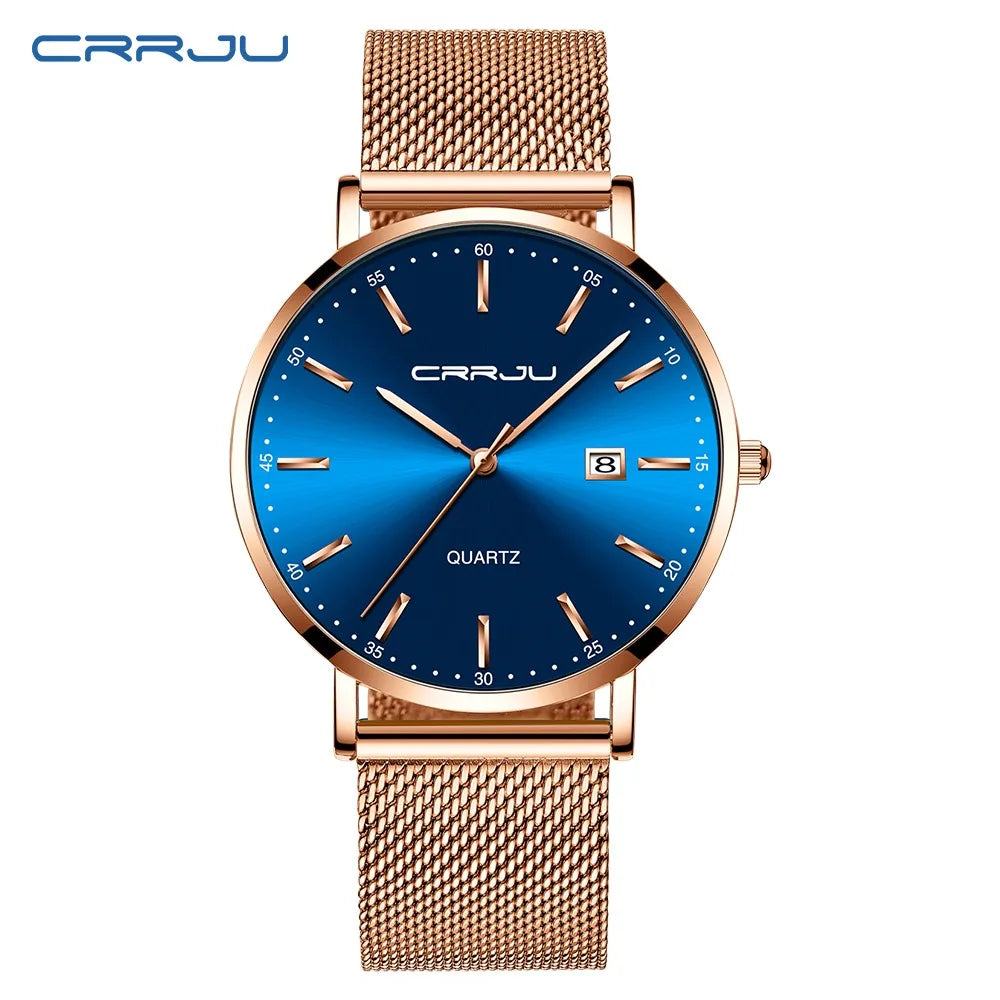 reloj hombre CRRJU Luxe blauwe waterdichte horloges Slank, stijlvol, met datum, casual kwartshorloge voor heren, sportief, met gaasband