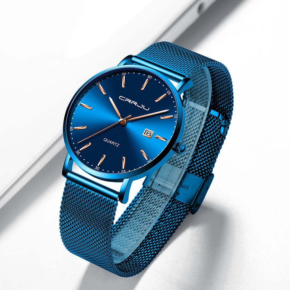 reloj hombre CRRJU Luxe blauwe waterdichte horloges Slank, stijlvol, met datum, casual kwartshorloge voor heren, sportief, met gaasband