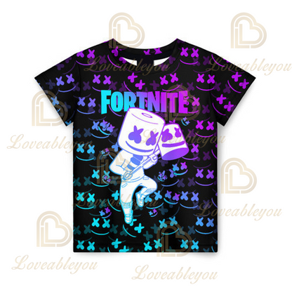 T-shirt infantil de verão Cartoon Fortnite com impressão 3D, para meninos e meninas, estilo streetwear, roupa para adultos e crianças, t-shirt divertida com gola redonda