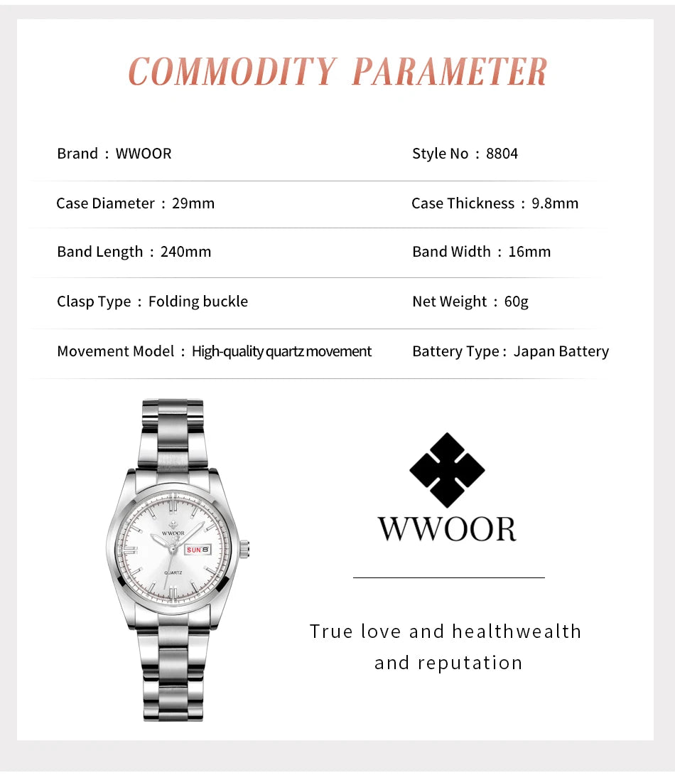 Montre Femme 2024 WWOOR Fashion Ladies Watches Waterproof Quartz Silver Clock Women Automatic Date Dress Wrist Watch Reloj Mujer