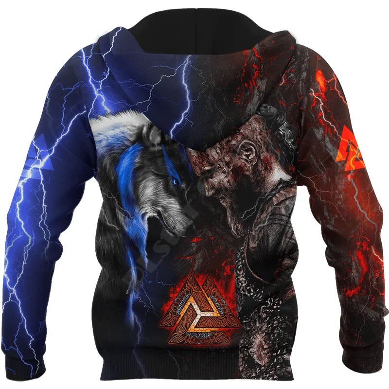 Ragnar and Wolf Valknut Tattoo 3D All Over Printed Hoodies Sweatshirt Zipper Hoodies Women For Men Pullover Cosplay Costumes