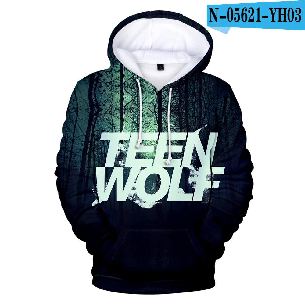 Nowe bluzy z kapturem z nadrukiem 3D inspirowane serialem TV TEEN WOLF – dla mężczyzn, kobiet i dzieci, moda Harajuku, jesienne streetwearowe pulowery hip-hop