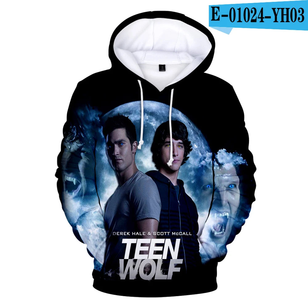 Nowe bluzy z kapturem z nadrukiem 3D inspirowane serialem TV TEEN WOLF – dla mężczyzn, kobiet i dzieci, moda Harajuku, jesienne streetwearowe pulowery hip-hop