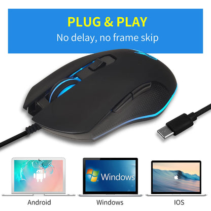 Färgstark lysande USB-C-mus med ljudavstängning för bärbar dator med Type-C – gamingmus