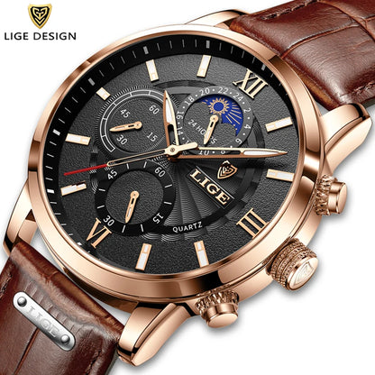 2025 New Men's Watches LIGE Top Brand Luxury Leather Casual Quartz Watch Men's Sport Waterproof Clock Watch Relogio Masculino+Box