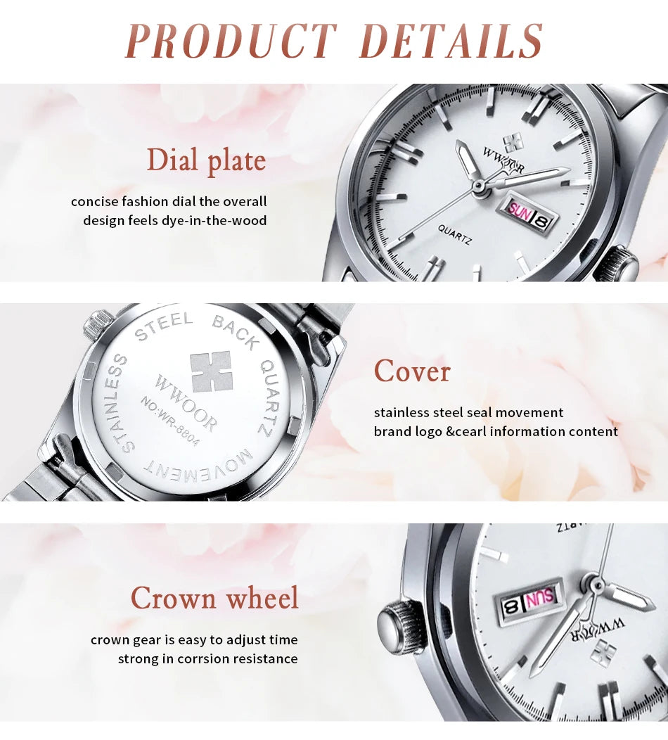 Montre Femme 2024 WWOOR Fashion Ladies Watches Waterproof Quartz Silver Clock Women Automatic Date Dress Wrist Watch Reloj Mujer