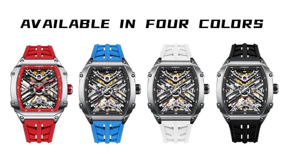 STARKING Men's Waterproof Sports Mechanical Watch, Wear-resistant Silicone Strap, Automatic, Luminous Tonneau Luxury Design