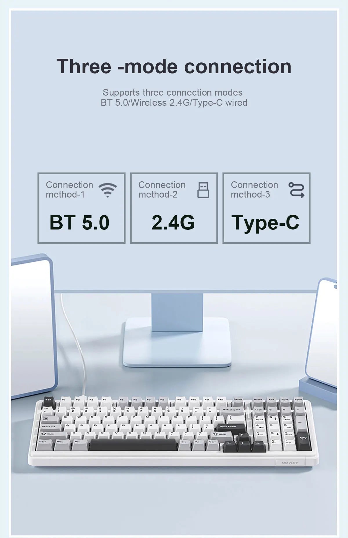 AULA F99 Mechanical Keyboard Bluetooth 5.0/2.4G Wireless/Wired Gasket-mounted Gaming Keyboard 99 Keys Customizable Keyboards
