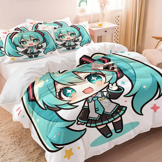 Hatsune Miku Chibi stílusú paplanhuzat-készlet – aranyos anime ágynemű párnahuzatokkal – játékterem, tizenévesek és gyerekek hálószobájának dekorációja – ajándék rajongóknak