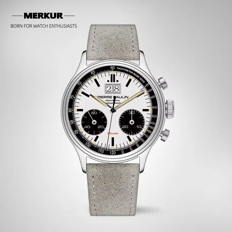 New PIERRE PAULIN Big Date Retro 70's Vintage Panda Style Chronograph Mechanical Men's Complicated 38MM Luxury Sapphire Wrist