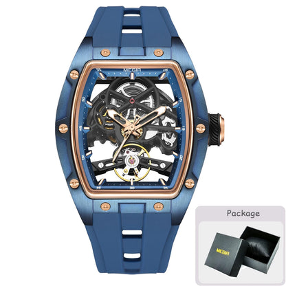Ceas mecanic pentru bărbați MEGIR, formă tonneau, cadran scheletat ajurat, stil sportiv, brățară din silicon, ceas automat de lux