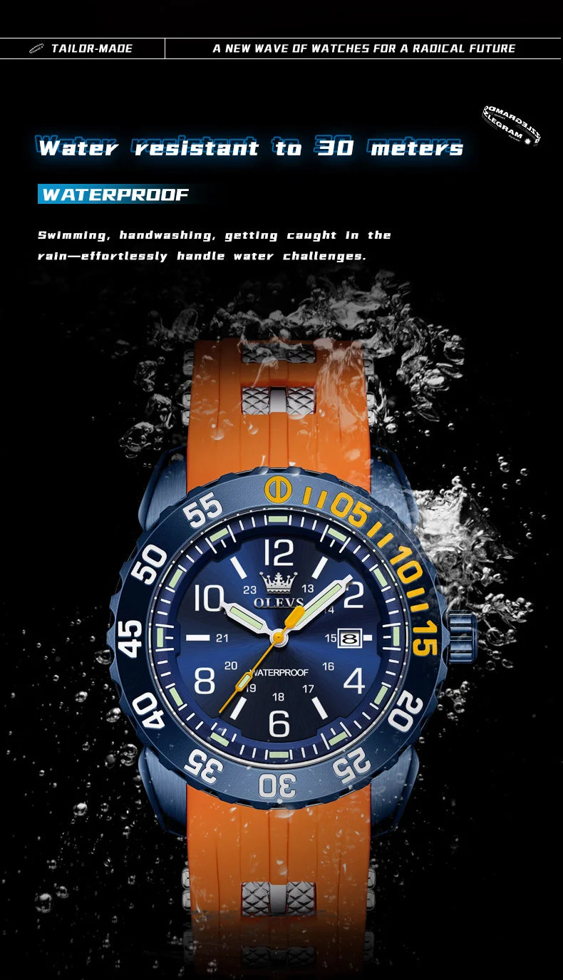 OLEVS Luxe herenhorloge met kwartsmechanisme, waterdicht, lichtgevend oranje siliconen band, sportieve herenhorloges in militaire stijl