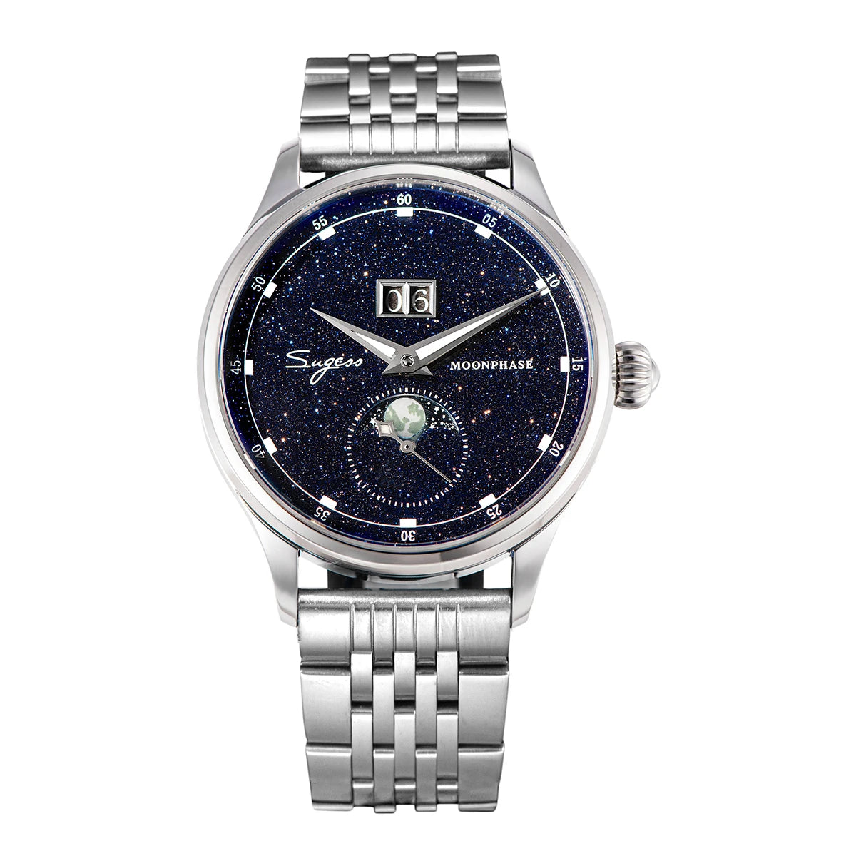Sugess Moonphase Watch of Men 40mm Automatic Mechanical Wristwatches Origin ST2528 Movement Stainless Steel Blue Sandstone Dials
