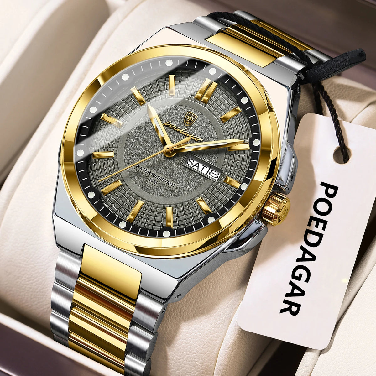 Montre-bracelet de luxe POEDAGAR Sport Original pour homme, à quartz, avec date et jour de semaine, étanche et lumineuse, en acier inoxydable.
